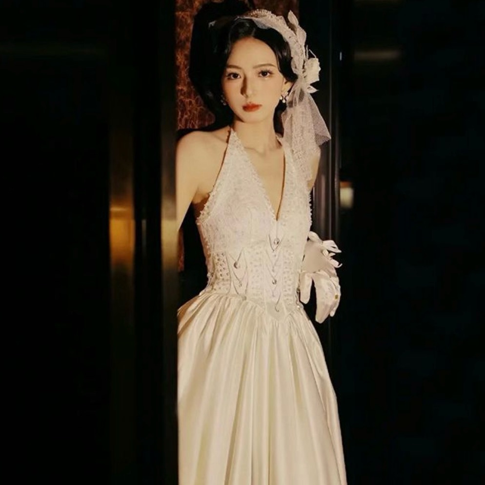 Yesstyle Embellished Tie Front Halter Gown In White — image 2 of 5